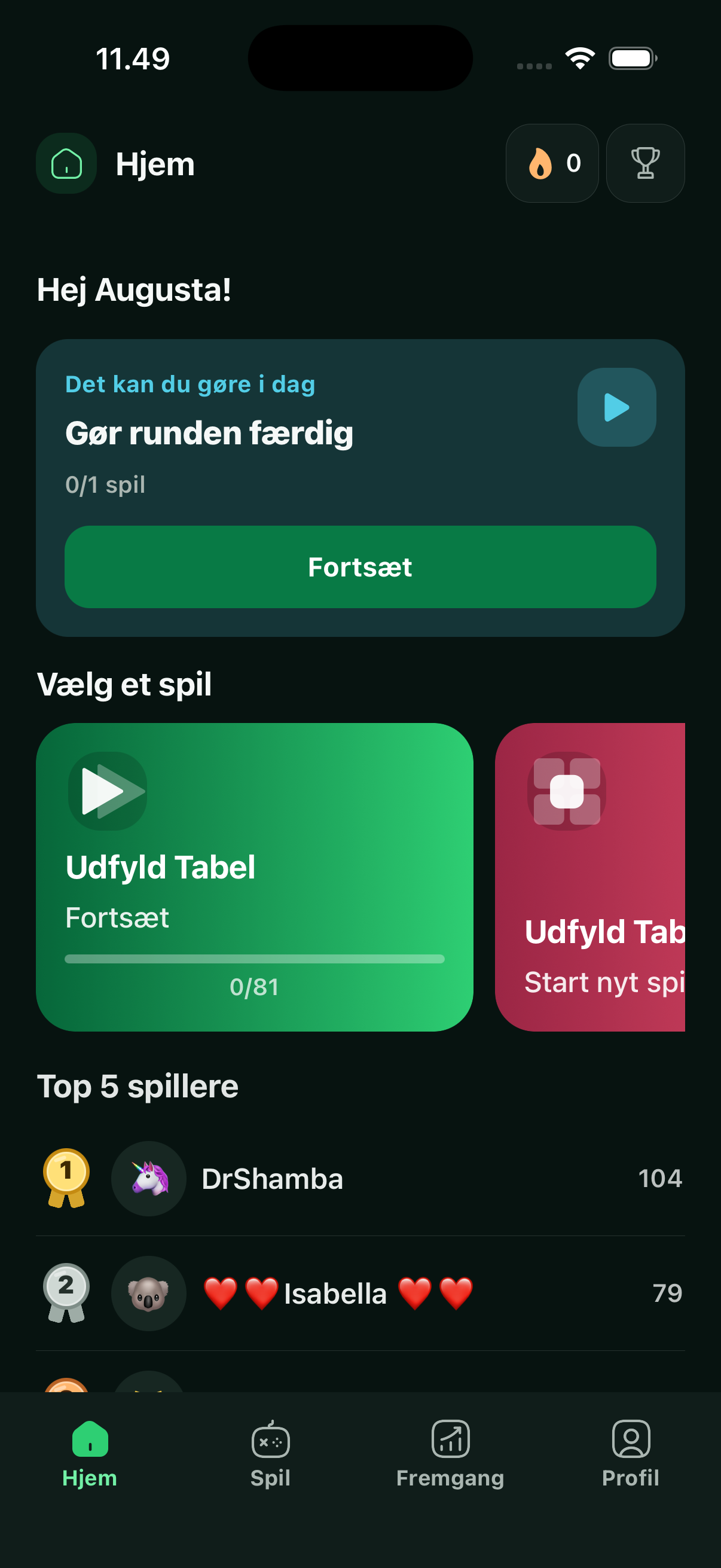 Tabelspil-appens startside med valg af tabelspil